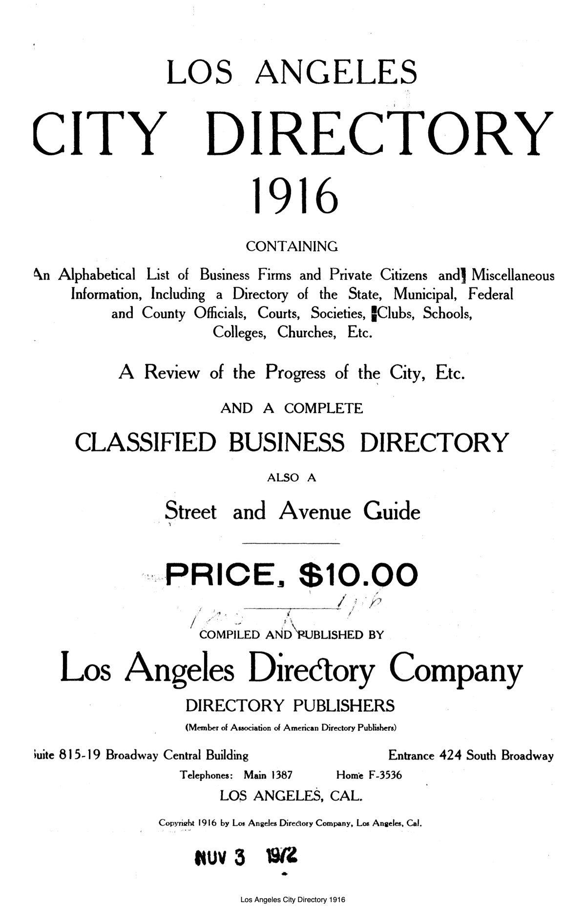 Document image missing. Admin needs to fix. 1916 Los Angeles City Directory. p5. Title Page-1.jpg