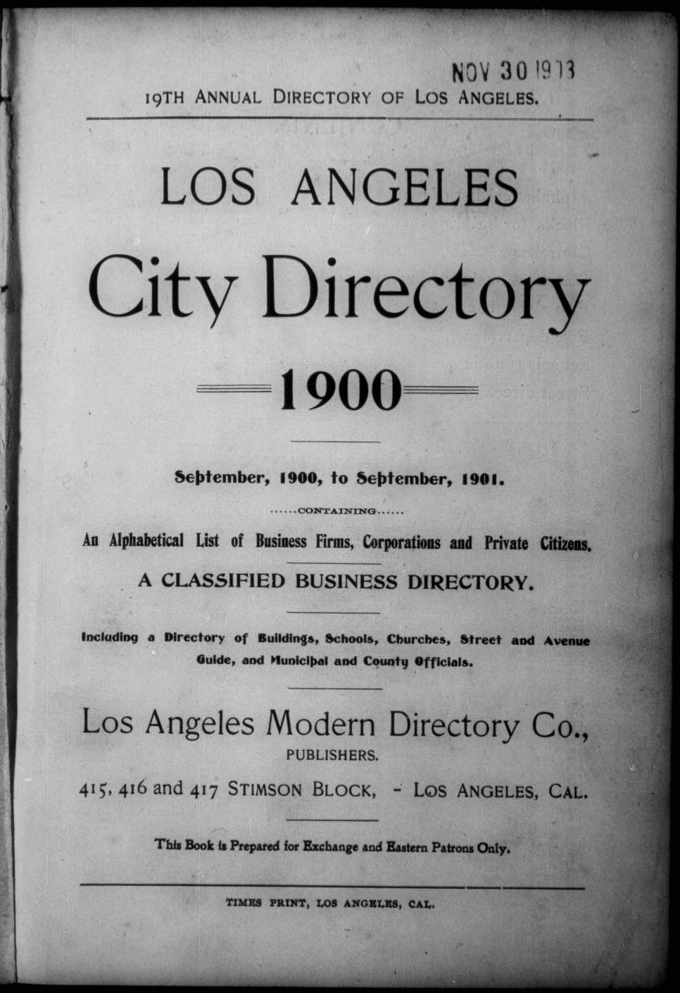 Document image missing. Admin needs to fix. 1900 Los Angeles City Directory (Los Angeles Modern Directory Co). p1. Title Page.jpg