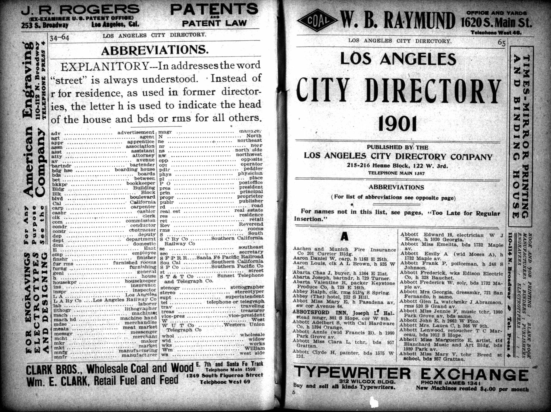 Document image missing. Admin needs to fix. 1901 Los Angeles City Directory. p64. Abbreviations.jpg