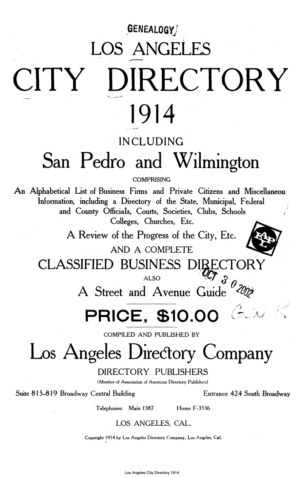 Document image missing. Admin needs to fix. 1914 Los Angeles City Directory. p5. Title Page.jpg