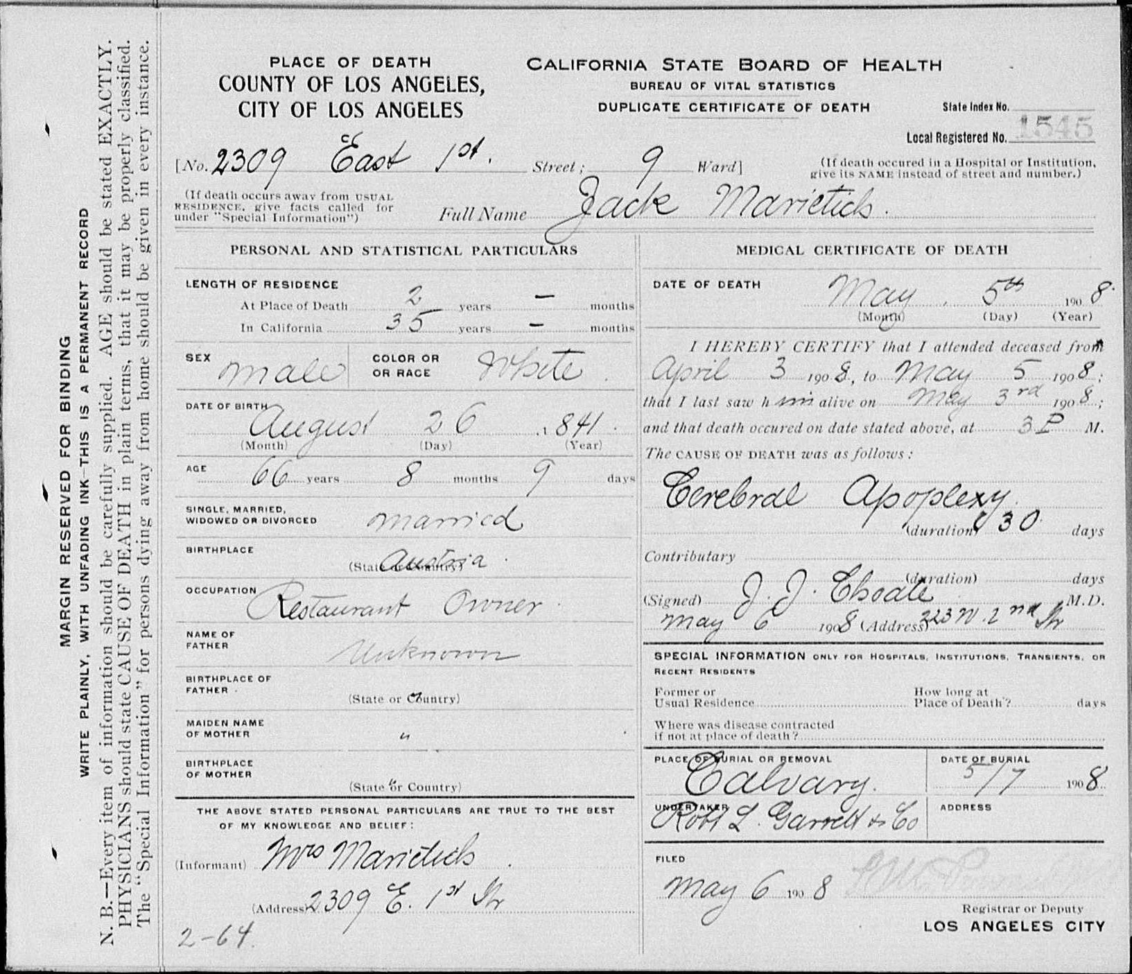 Document image missing. Admin needs to fix. 1908 Jack Marietich Death Certificate.jpg